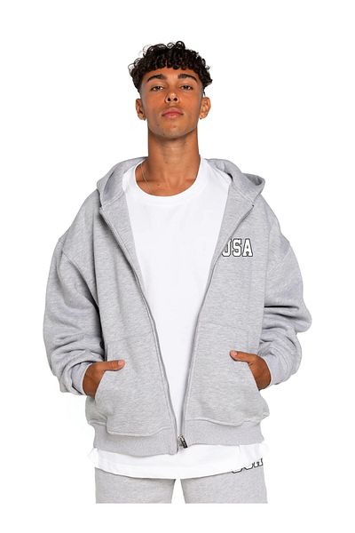 aynewmoda Men's USA Printed Hooded Zippered Sweatshirt Top and Bottom Set