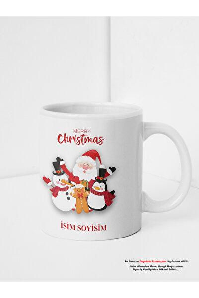 dopdolu promosyon Kişiye Özel Yılbaşı Tasarımlı Beyaz Kupa Bardak Geyikli Noel Baba Temalı