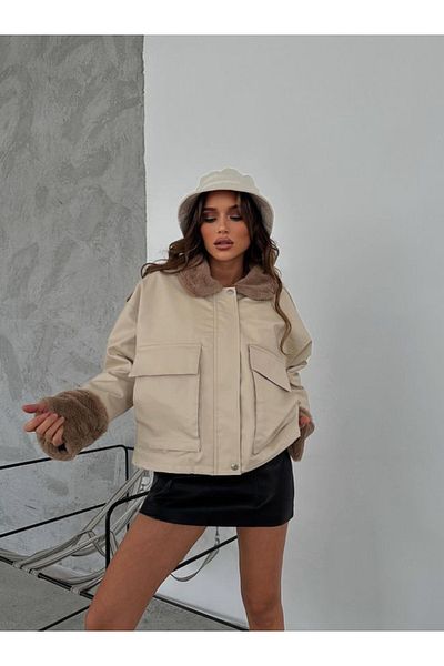 VOLT CLOTHİNG Damen Ledermantel mit Kragen und Fell innen, Doppeltaschen