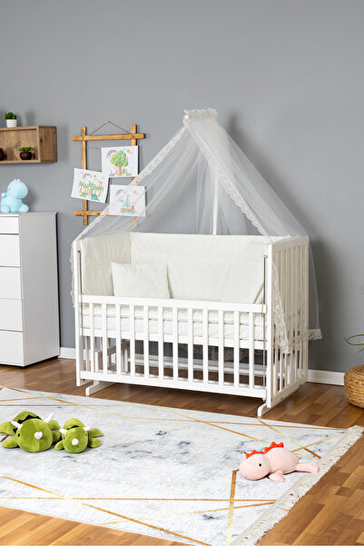 Bamgidoo Ahşap Beşik Anne Yanı Beşik Beyaz 60x120 - Krem Güpür Uyku Seti + Yataklı