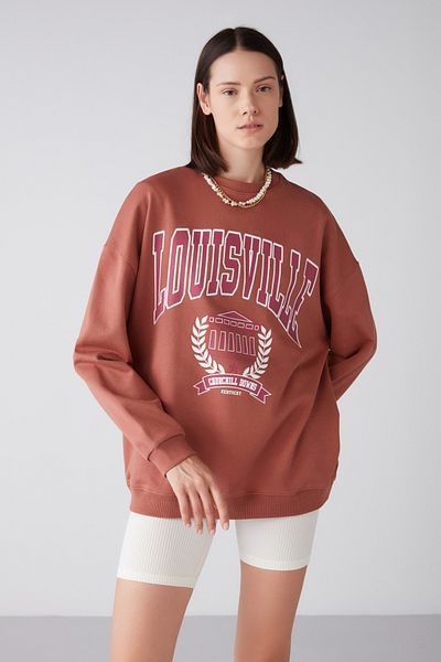 GRIMELANGE Ramona Women's Oversize Soft Fleece Inside Organic Cotton Print Round Neck Brick Color Sweatshirt
