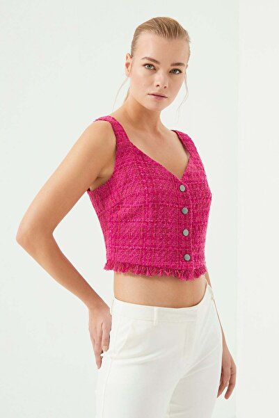 Just Like You Pembe Tüvit Önü Düğmeli V Yaka Askılı Crop Top