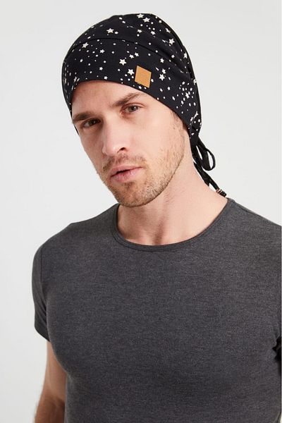 Butikgiz Men's Black and White Star Patterned Rope Detailed 4 Season Hat Beanie Buff Ultra Soft Natural Combed Cotton Fabric