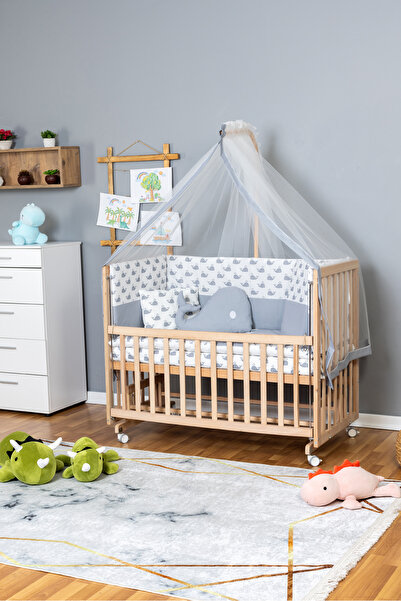 Bamgidoo Ahşap Beşik Anne Yanı Beşik Organik 60x120 - Gri Balina Uyku Seti + ...