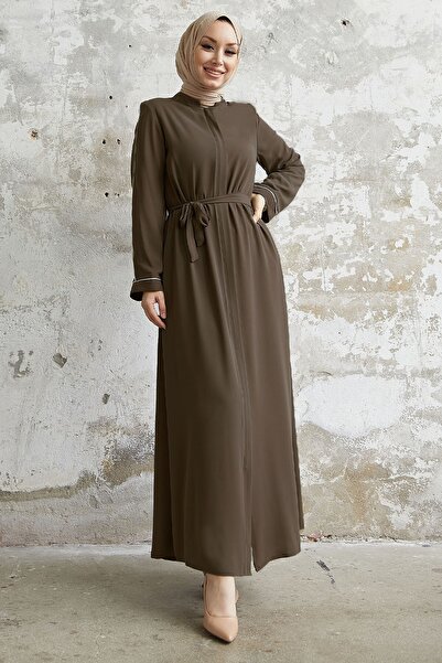 InStyle Salvia Casual Sleeve Piping Patterned Abaya - Brown