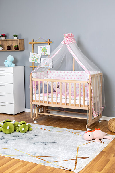Bamgidoo Ahşap Beşik Anne Yanı Beşik Organik 60x120 - Pembe Yıldız 3 Yastıklı Uyku Seti+Yataklı+Tekerlekli
