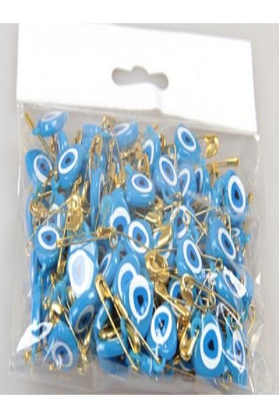 Kazanabil Heart with safety pin and evil eye bead ornament 70's baby blue