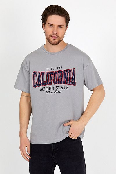 COMBİNE MİCHAİL Unisex Gray Printed Crew Neck Oversize T-shirt