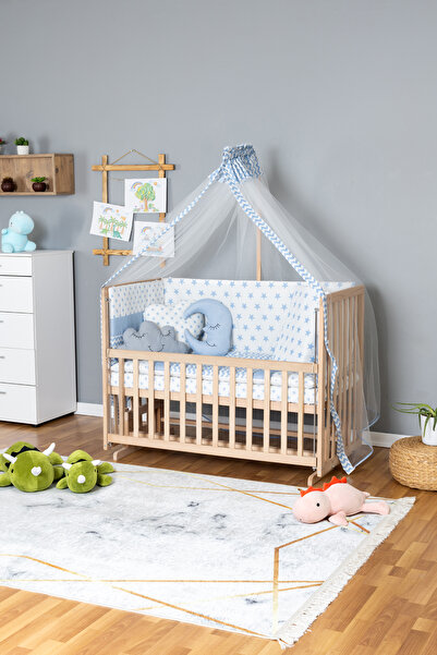 Bamgidoo Ahşap Beşik Anne Yanı Beşik Organik 60x120 - Mavi Yıldız 3 Yastıklı ...