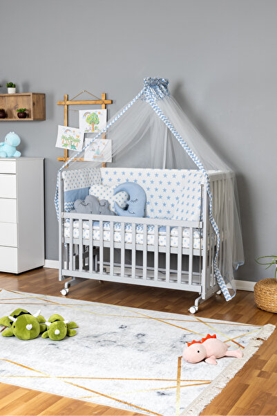 Bamgidoo Ahşap Beşik Anne Yanı Beşik Gri 60x120 - Mavi Yıldız 3 Yastıklı Uyku...