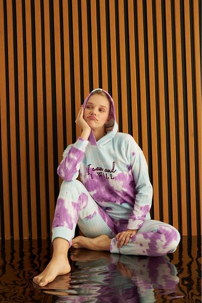 Pijamoni Woman's Ribbed Hooded Fleece Pajama Set 3720 - Purple