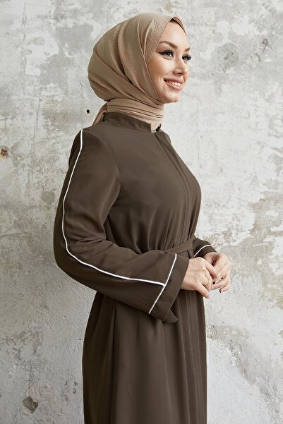 InStyle Salvia Casual Sleeve Piping Patterned Abaya - Brown
