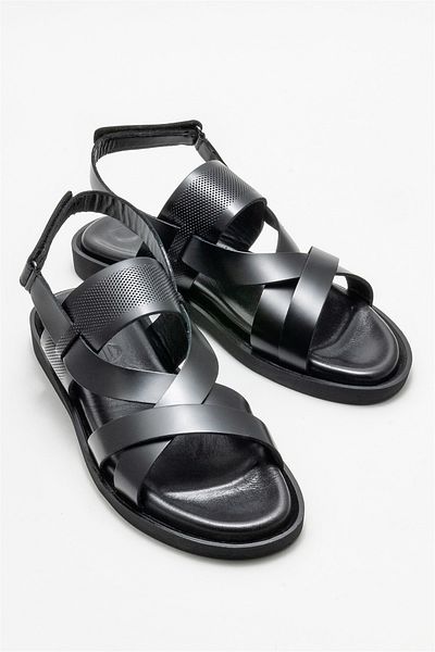 Elle Shoes Μαύρα δερμάτινα ανδρικά casual σανδάλια
