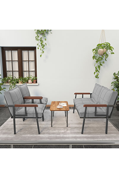 Mygusi Modern Balkon, Bahçe, Cafe - Metal Kanepe Koltuk Takımı - 2 1 1 Sehbalı - Açık Gri