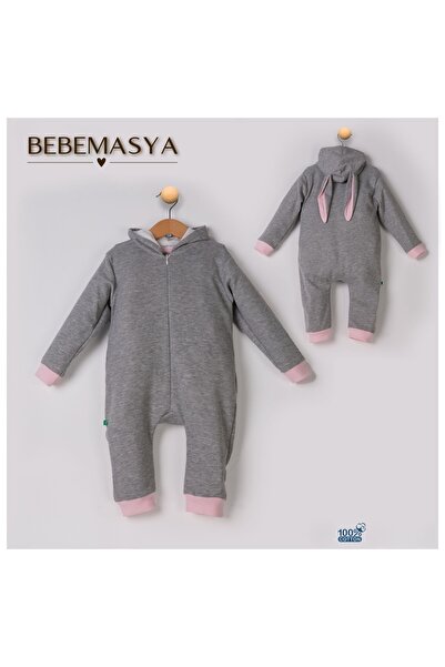 BEBEMASYA FÜME, PEMBE TAVŞAN KULAKLI,FERMUARLI KAPÜŞONLU BEBEK TULUM