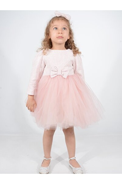 Serkon Kids Toz pembe taçlı tütülü kız çocuk elbisesi