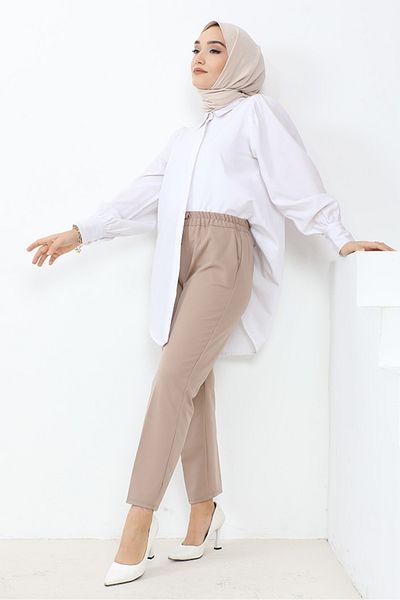 Bestenur Zülal Elastic Waist Pocket Trousers 651 - Stone