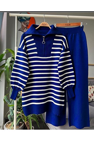 Miasista Striped Double Knitwear Set - Zipper Detailed