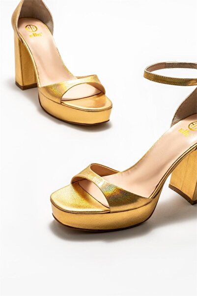 Elle Shoes Zlaté kožené dámské sandály na podpatku