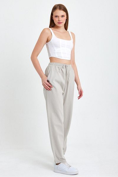 COMBİNE MİCHAİL Gray High Waist Elastic Waist Linen Trousers