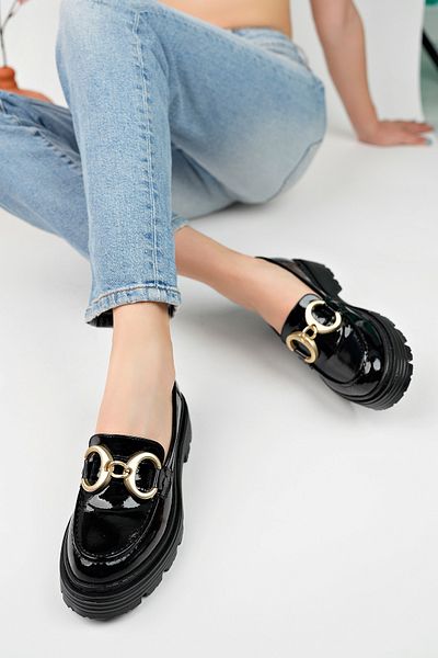 Artgoo women's black patent leather gold buckle loafer college shoes
