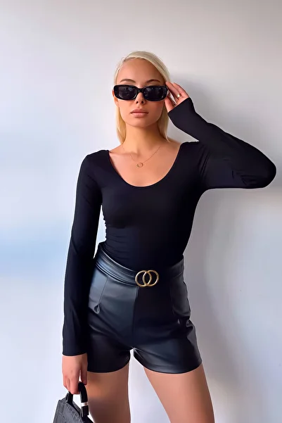 LACHT Women's Wide Collar Long Sleeve Plain Black Luxury Blouse