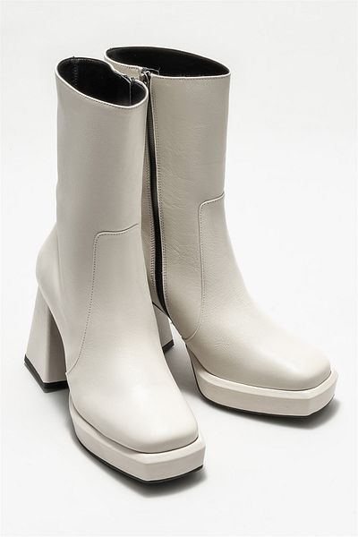 Elle Shoes Beige Leather Women's Heeled Boots