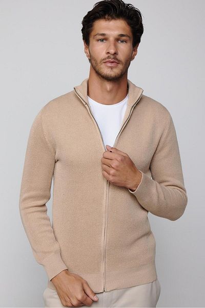 Tudors Men's Half Turtleneck Zippered Stone Color Cardigan