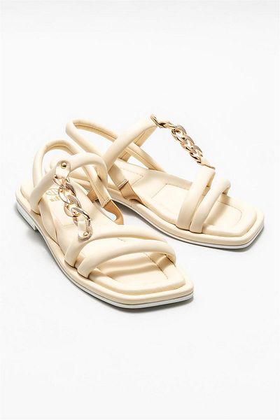 Elle Shoes Μπεζ δερμάτινα γυναικεία φλατ σανδάλια