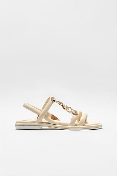Elle Shoes Μπεζ δερμάτινα γυναικεία φλατ σανδάλια