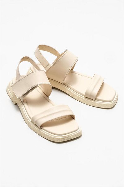 Elle Shoes Μπεζ δερμάτινα γυναικεία φλατ σανδάλια