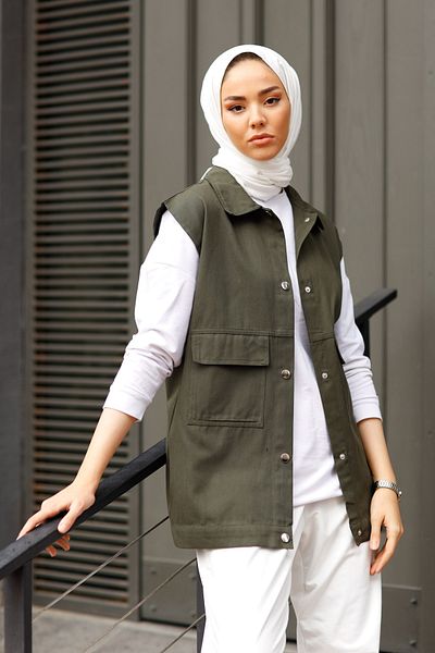 InStyle Gabardine Vest with Flap Pocket - Khaki