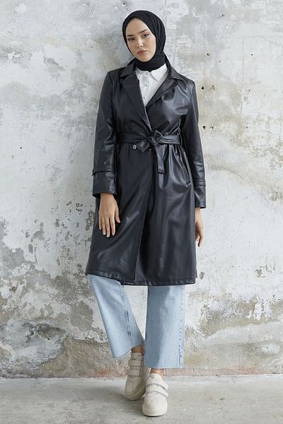 InStyle Darina Belted Leather Trench - Μαύρο