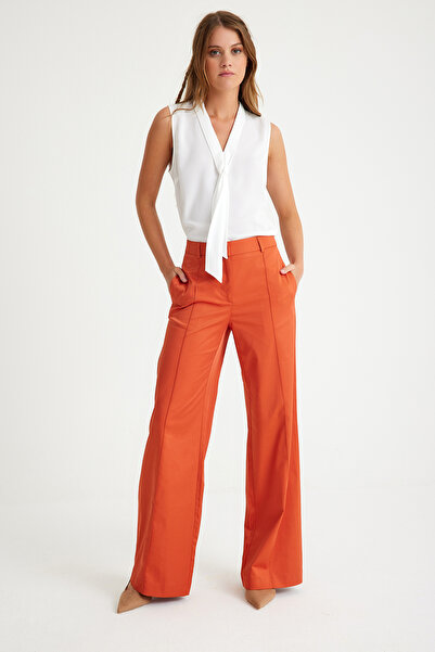 Just Like You Turuncu Nervürlü Bol Paça Kadın Pantolon