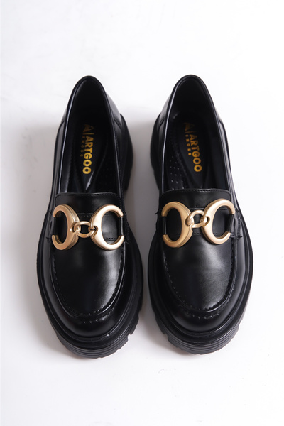 Artgoo kadın siyah cilt gold tokalı loafer kolej ayakkabısı