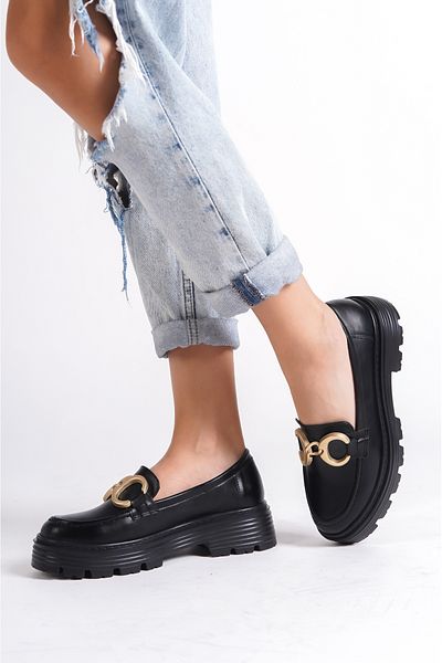 Artgoo women's black skin gold buckle loafer college shoes