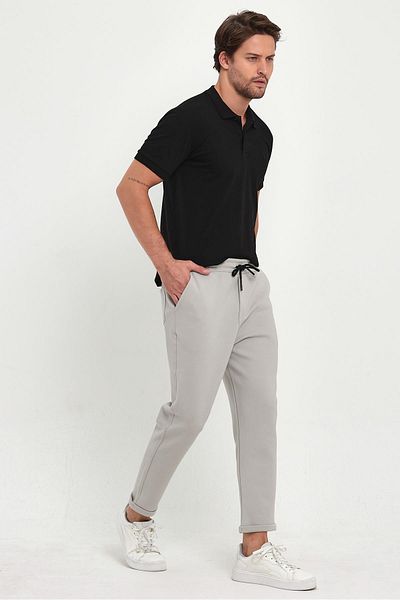 COMBİNE MİCHAİL Men's Gray Double Leg Standard Cut Waist Tied Side Pocket Jogger Pants