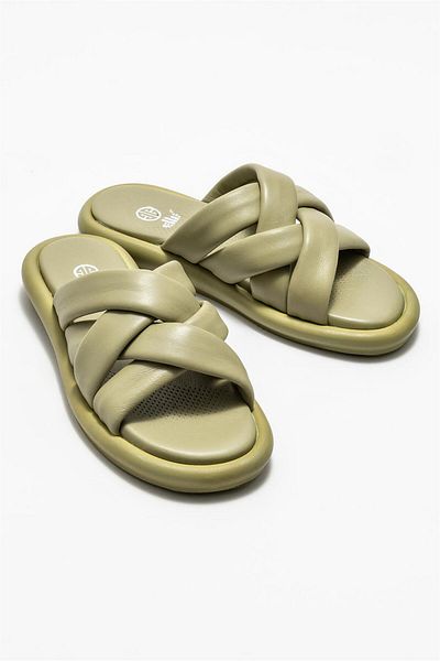 Elle Shoes Green Leather Women's Slippers