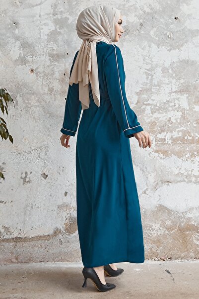 InStyle Salvia Casual Sleeve Piping Patterned Abaya - Petrol Blue
