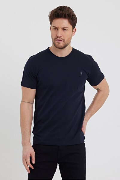 COMBİNE MİCHAİL Ανδρικό κοντομάνικο μπλουζάκι Navy Blue Slim Fit Crew Neck 100% βαμβακερό