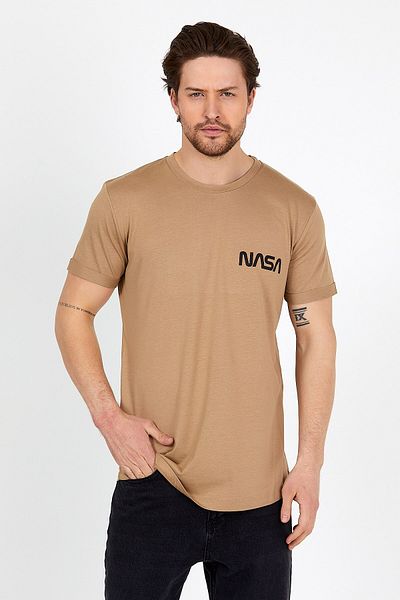 COMBİNE MİCHAİL Caramel Color Printed Crew Neck Oval Skirt Men's T-Shirt 1360