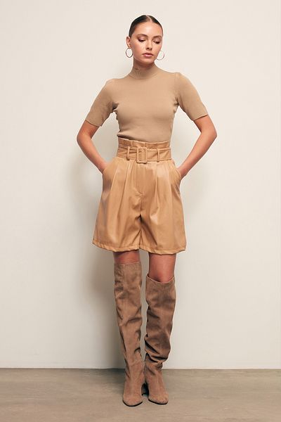 Sateen Belted Leather Shorts - Beige