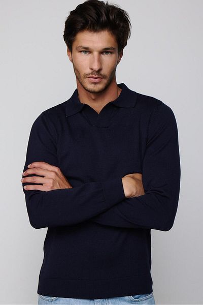Tudors Тъмносин мъжки трикотажен пуловер Slim Fit Polo с V-образно деколте