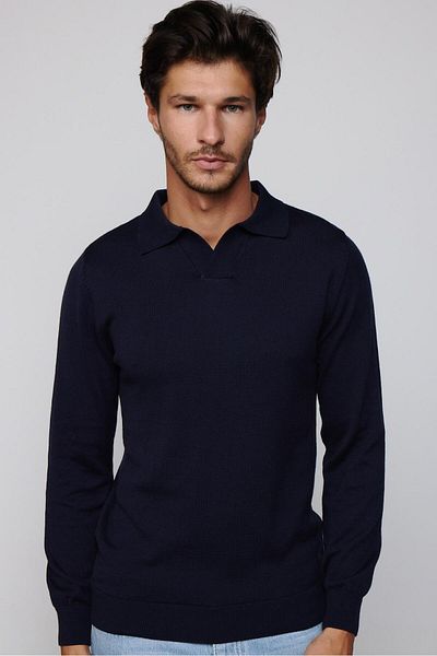 Tudors Тъмносин мъжки трикотажен пуловер Slim Fit Polo с V-образно деколте