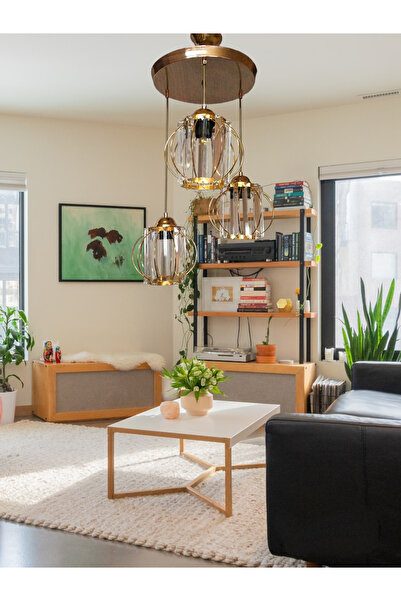 öalpa Lüks Bakır-sarı Renkli Kristal Taşlı Salon, Oturma Odası Avize