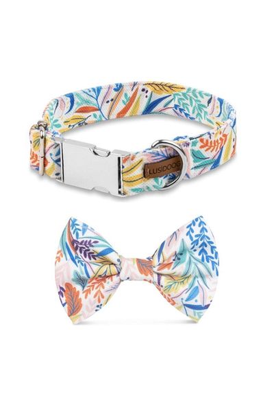 Lusi Doog Dog Collar and Dog Bow Tie with Floral Pattern