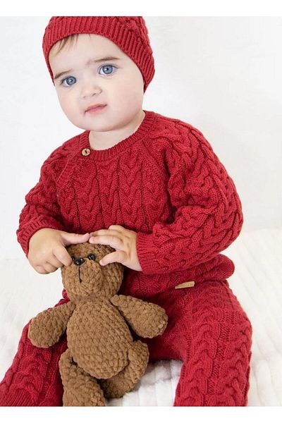 Minora Knitwear Unisex Double Breasted Hair Knit 3 Piece Set Red