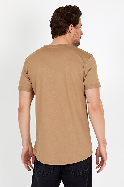 COMBİNE MİCHAİL Caramel Color Printed Crew Neck Oval Skirt Men's T-Shirt 1360