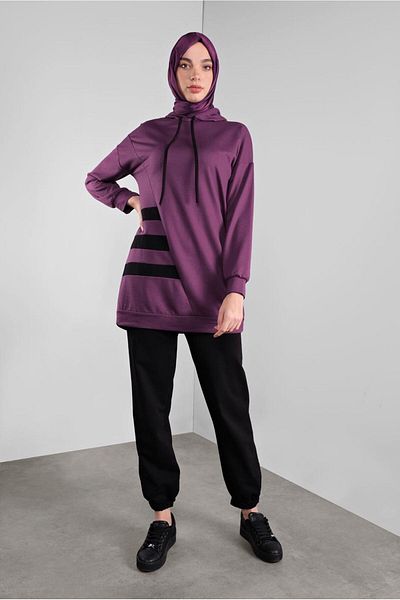 TRENDTESETTÜR Women's Purple Stripe Patterned Hooded Tracksuit Set 6746