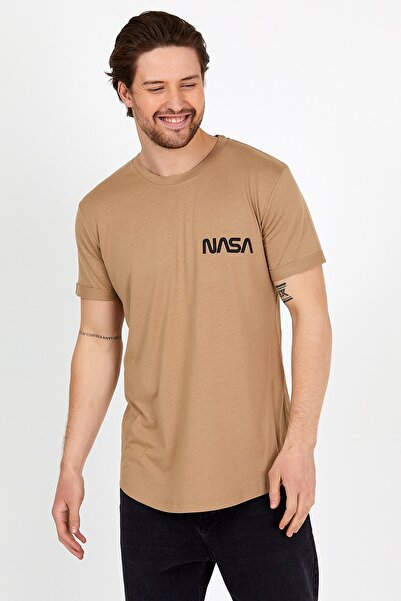 COMBİNE MİCHAİL Caramel Color Printed Crew Neck Oval Skirt Men's T-Shirt 1360